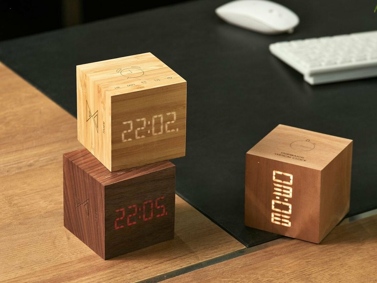 Gingko Cube Plus Clock has a solid wood design and combines a clock, alarm, and stopwatch